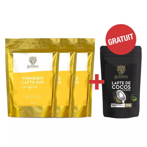 Pachet 3x Turmeric Latte Mix Original 210g + Lapte de Cocos Pulbere 150g Gratis 