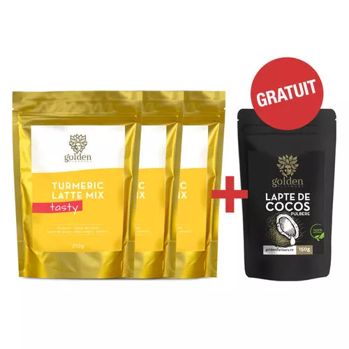 Pachet 3x Turmeric Latte Mix Tasty 210g + Lapte de Cocos Pulbere 150g Gratis